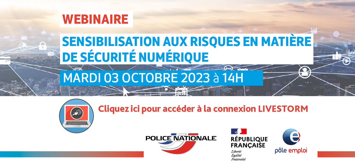 🗓️ C'est demain ‼️🙌
Mardi 03 octobre à 1⃣4⃣H0⃣0⃣ @poleemploi_NA et des experts <a href="/PoliceNationale/">Police nationale</a> organisent un webinaire de sensibilisation à la #sécurité #numerique au profit des demandeurs d'emploi 🙏👍
▶️app.livestorm.co/pole-emploi-7/ #tousmobilisés