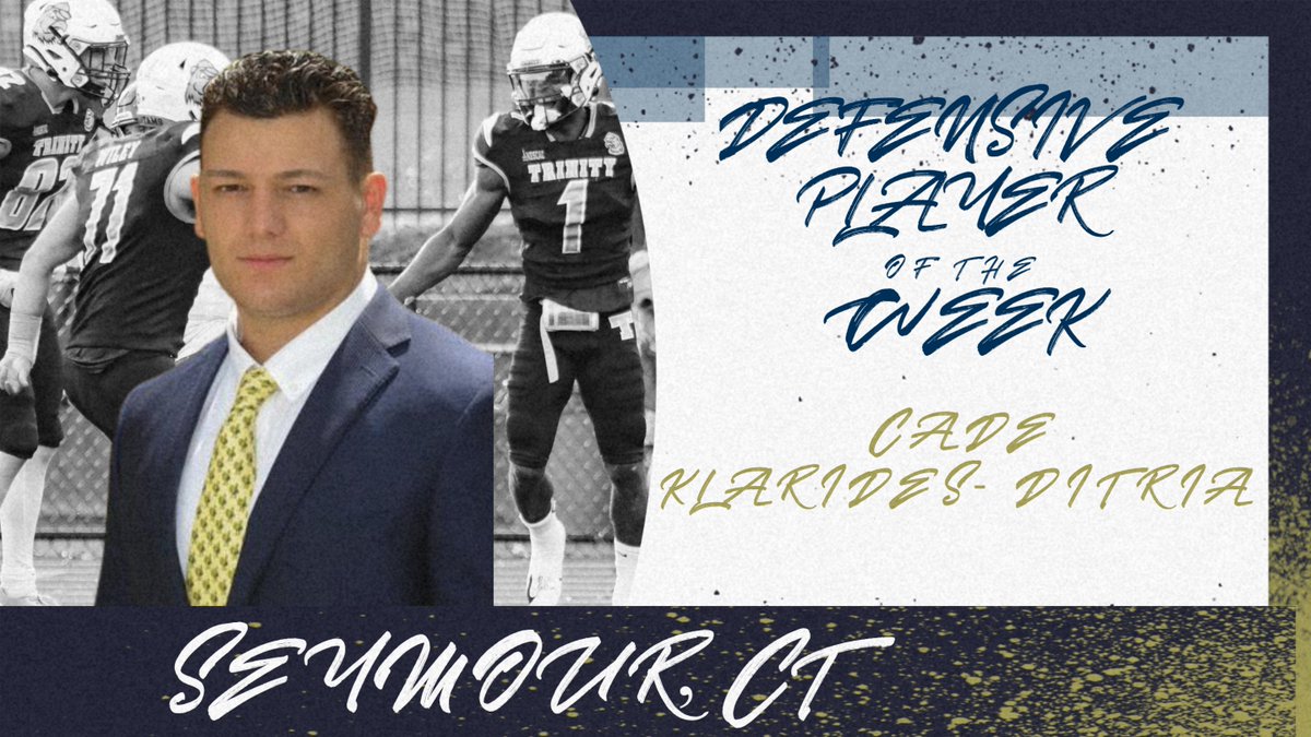 TrinCollFB's tweet photo. Players of the Week | Amherst     

Tyler DiNapoli (Running Back)   
Cade Klarides-Ditria (Linebacker)   
RJ Martini (Safety)   
Khamani Hunter (Cornerback)   
Ryan Luzzi (Offensive Line) https://t.co/Blx7HDIG6V