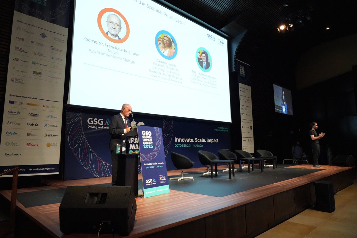 malaga's tweet image. El alcalde, @pacodelatorrep, junto al ministro en funciones de @inclusiongob, @joseluisescriva, y la consejera de @EconoHaciendAND, @CarolinaEspanaR, ha participado en el acto inaugural de GSG Global Impact Summit #caminandoalimpacto #GSGSummit