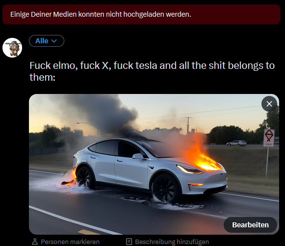 testaccount445r's tweet image. trying to upload a pic of a burning tesla and get the error message "your media could not be uploaded". wtf?