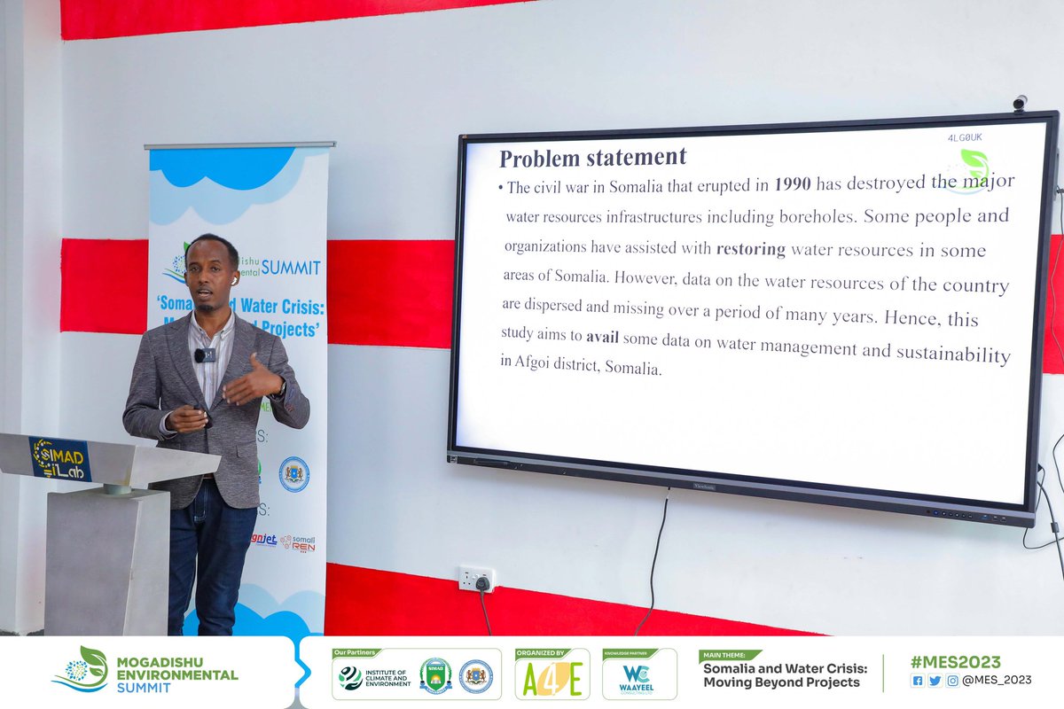 action4environ's tweet photo. Eng. Abdishkahur Abdullahi Diiso, Lecturer, JUST,  is now presenting a research Paper on “ Water Supply Management and Sustainability." #MES2023.

 #PaperPresentations
#MovingBeyondProjects https://t.co/RGRUI84MaQ