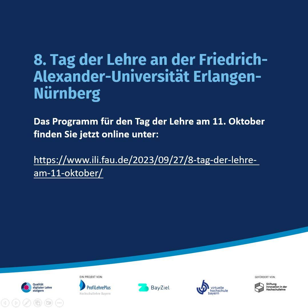 Institut für Lern-Innovation (ILI) (@lerninnovation) on Twitter photo 📅 Am 11. Oktober ist es soweit! Tag der Lehre an der @uni_fau in Kombination mit dem QUADIS-Symposium „Brückenschlag: Lernprozesse in analogen, hybriden und digitalen Formaten“
👉 Das Programm zum Tag der Lehre finden Sie jetzt online unter: ili.fau.de/2023/09/27/8-t… 📅 Am 11. Oktober ist es soweit! Tag der Lehre an der @uni_fau in Kombination mit dem QUADIS-Symposium „Brückenschlag: Lernprozesse in analogen, hybriden und digitalen Formaten“
👉 Das Programm zum Tag der Lehre finden Sie jetzt online unter: ili.fau.de/2023/09/27/8-t…