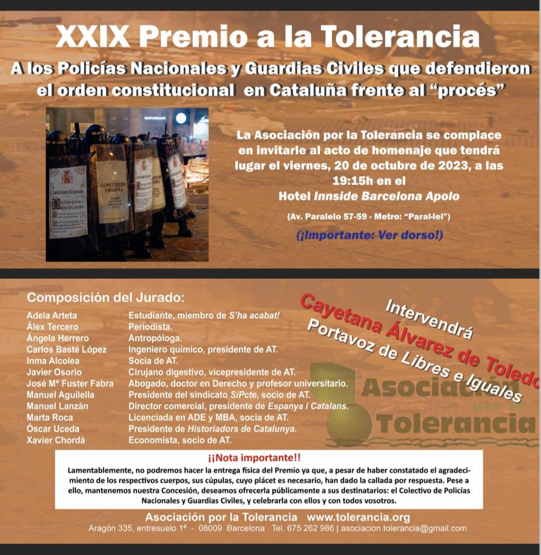 🟢 La <a href="/Tolerancia1992/">AsociaciónTolerancia</a> entregará su XXIX Premio a la Tolerancia a los policías y guardias civiles que prestaron servicio en Cataluña durante los años más duros del "Procés"

Nuestra enhorabuena y felicitaciones a la <a href="/policia/">Policía Nacional</a>  por el día de su Patrón👏🇪🇸

<a href="/cayetanaAT/">Cayetana Álvarez de Toledo</a> <a href="/carlosbaste/">Carlos Basté López</a>