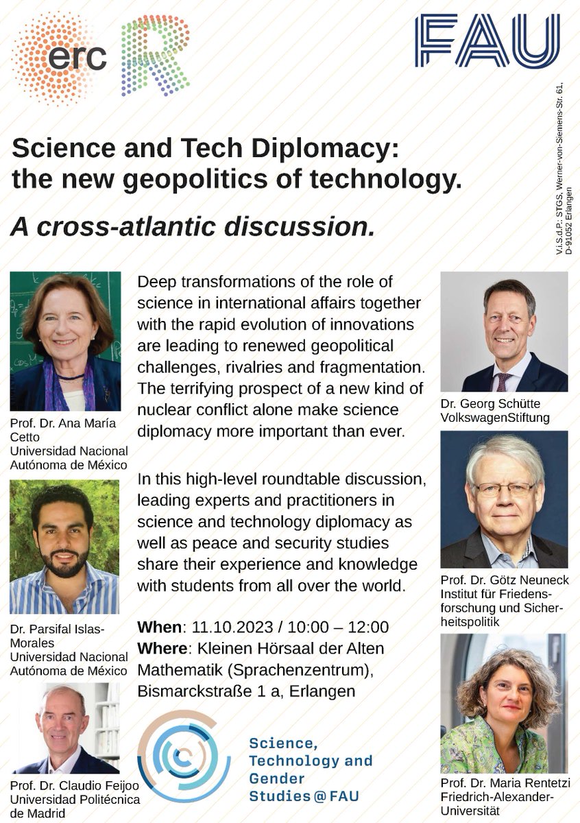 Maria Rentetzi (@mrentetz) on Twitter photo Excited to host an amazing panel of experts at the @FAU on #science #technology and #diplomacy More than 30 students will participate in this seminar organised together with <a href="/eelisa_eu/">EELISA European University Alliance</a> and <a href="/La_UPM/">Universidad Politécnica de Madrid</a>
11.10.2023 10:00-12:00
<a href="/VolkswagenSt/">VolkswagenStiftung</a> <a href="/Georg_Schuette/">Georg Schütte</a> <a href="/UNESCO/">UNESCO 🏛️ #Education #Sciences #Culture 🇺🇳</a> <a href="/gneuneck/">Götz Neuneck</a> <a href="/claud10/">Claudio Feijoo</a> Excited to host an amazing panel of experts at the @FAU on #science #technology and #diplomacy More than 30 students will participate in this seminar organised together with <a href="/eelisa_eu/">EELISA European University Alliance</a> and <a href="/La_UPM/">Universidad Politécnica de Madrid</a>
11.10.2023 10:00-12:00
<a href="/VolkswagenSt/">VolkswagenStiftung</a> <a href="/Georg_Schuette/">Georg Schütte</a> <a href="/UNESCO/">UNESCO 🏛️ #Education #Sciences #Culture 🇺🇳</a> <a href="/gneuneck/">Götz Neuneck</a> <a href="/claud10/">Claudio Feijoo</a>