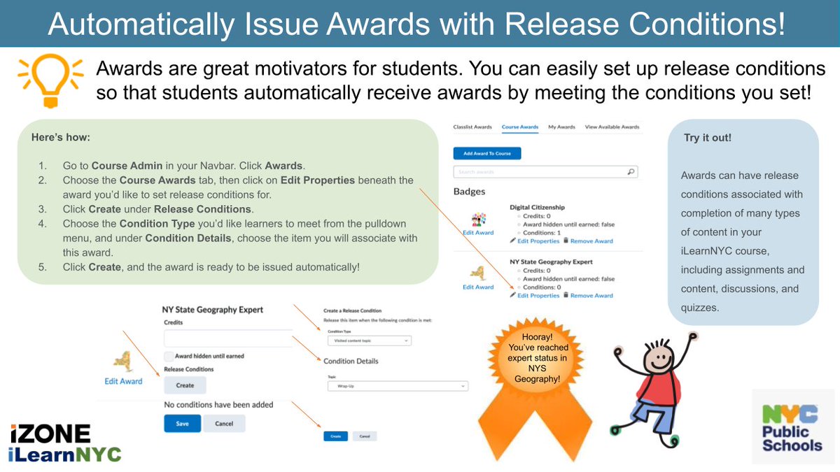 Motivate learners by issuing awards automatically with release conditions. Recognize students for successful completion of assignments, content, participation in discussions and quizzes! Learn how to give authentic feedback with awards next week! #ilearnnyc #ilearnnycpd #nycdoepd