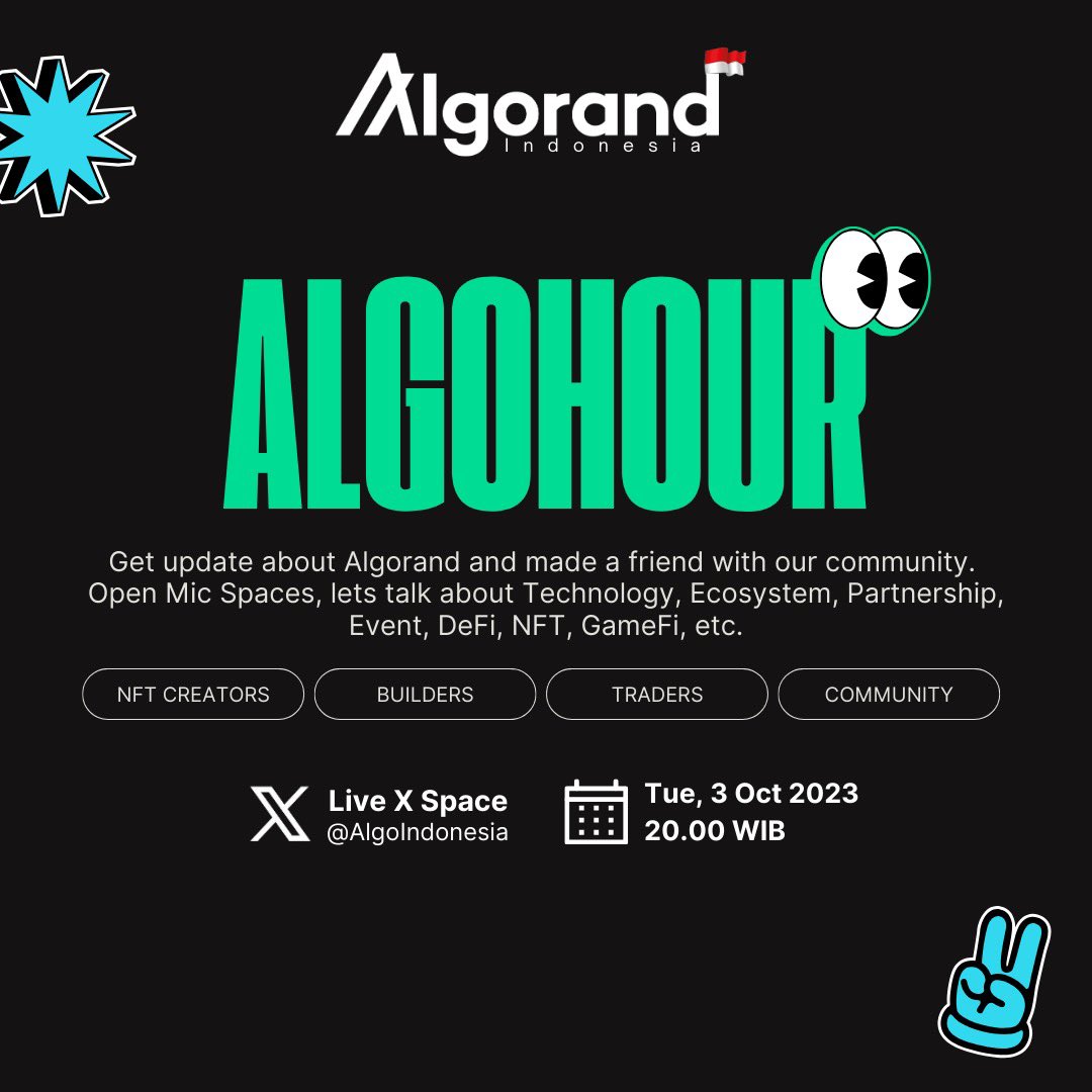 AlgoIndonesia's tweet image. Yuk ikutan X Spaces kita besok! Ngobrol langsung para Builders dan Creator NFT di Algorand Indonesia. Dan kita akan update info terbaru juga seputar perkembangan terkini dari Algorand!