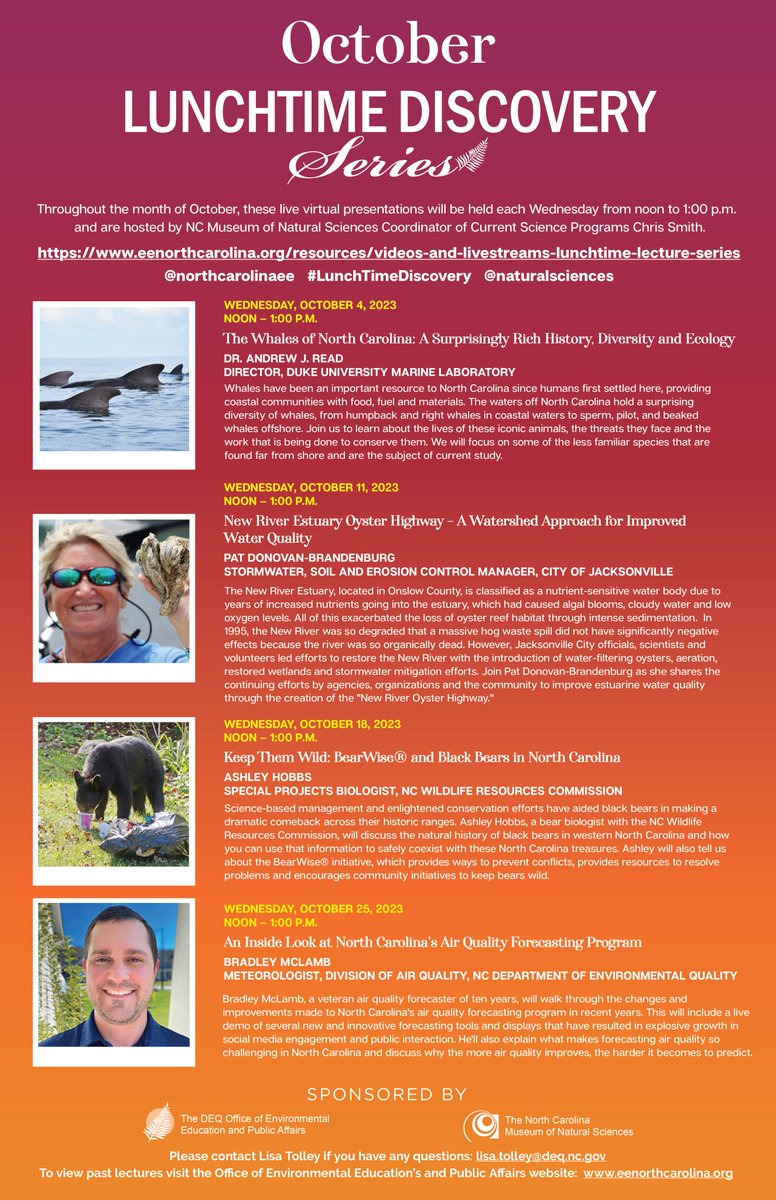 The October 2023 #LunchTimeDiscovery Livestream Schedule has dropped! All talks stream Wednesdays at noon Eastern. Current talk link is always on our homepage banner at eenorthcarolina.org 👇🧵for schedule and more info! <a href="/NCDEQ/">N.C. DEQ</a> <a href="/NaturalSciences/">NC Museum of Natural Sciences</a>