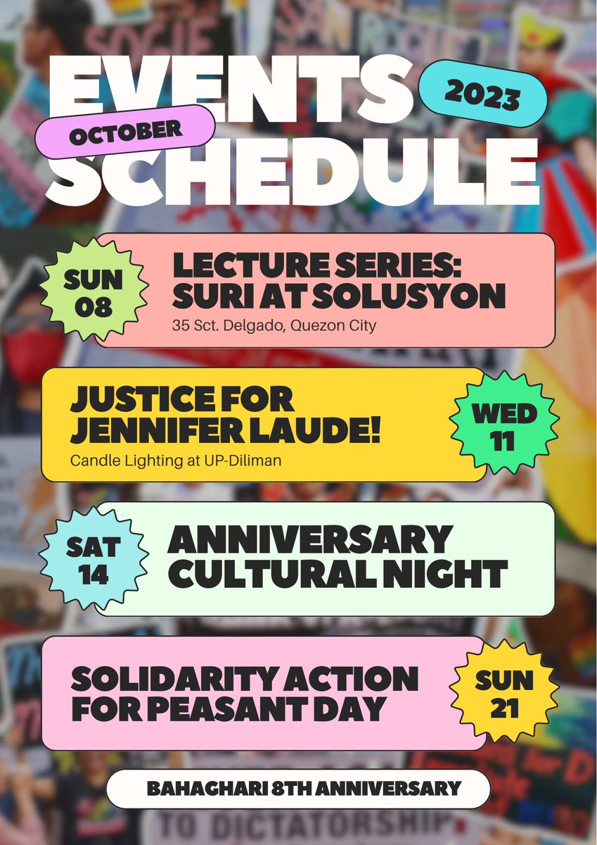 SHE 8! 🥳💅🏼

Chekirawt ang calendar of activities ng Bahaghari ngayong anniversary month nito. Tara na't matuto, makisaya, at makibeki kasama ang sangkabaklaan! Maglalabas pa kami ng iba pang detalye sa mga susunod na araw kaya stay tuned. 🏳️‍🌈❤️‍🔥