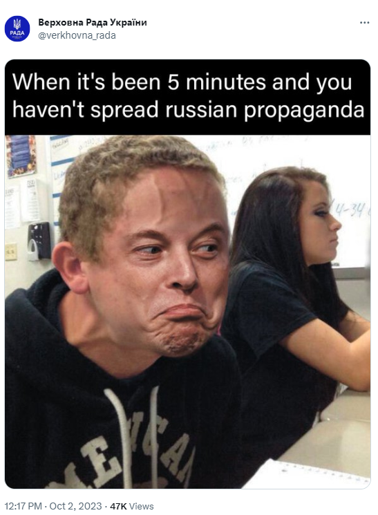eha_news's tweet photo. Ukraine's Parliament responds to Elon Musk:

"When it’s been 5 minutes and you haven’t spread russian propaganda." https://t.co/1An57bJJDz