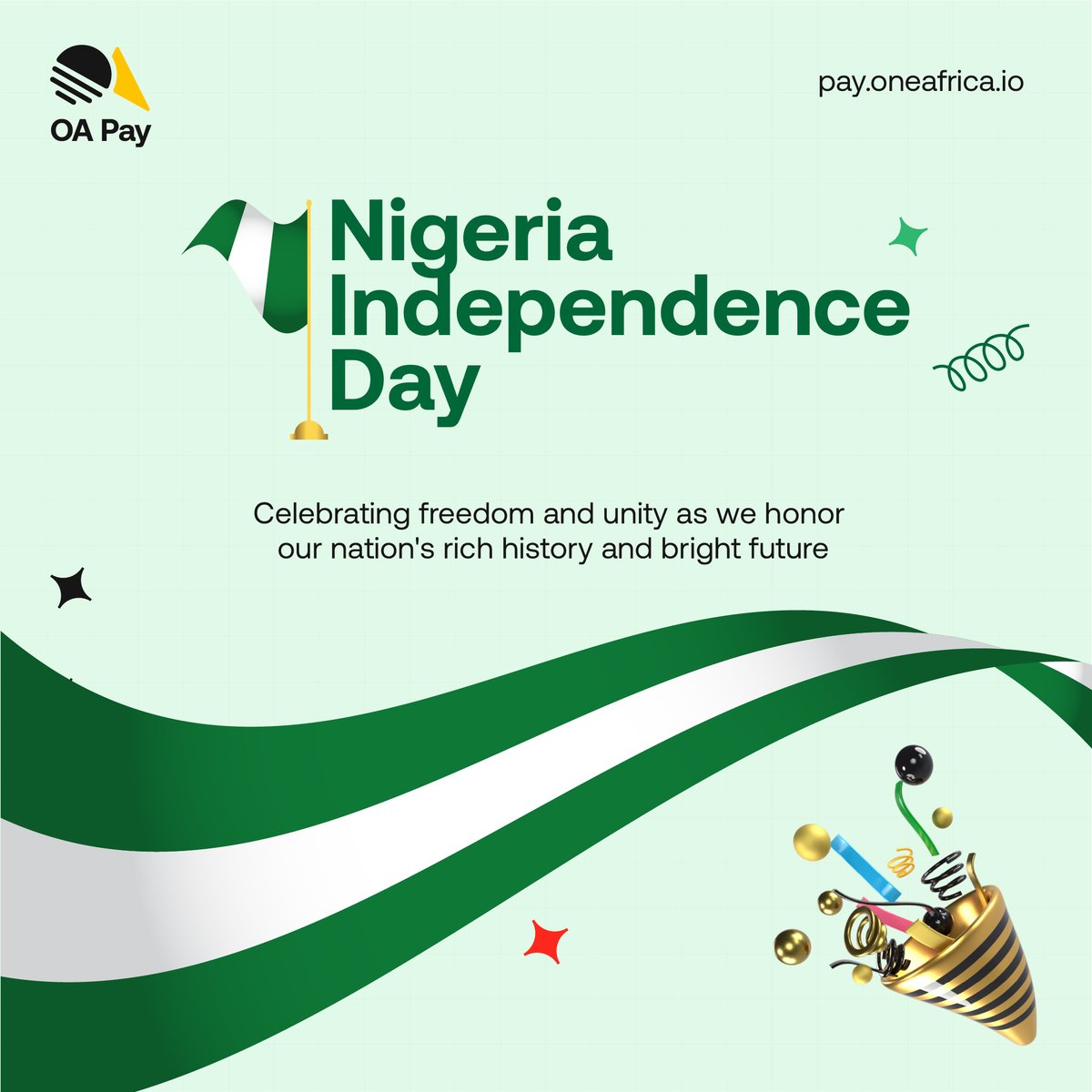 oapayco's tweet image. 63th anniversary of progress, growth, and unity! 🌄🇳🇬

We&apos;re continuing the festivities to celebrate Nigeria&apos;s beauty and culture post weekend.

Happy Independence Day, Nigeria! 🎊  

#NigeriaIndependenceDay #WeekendFestivities #ProgressAndUnity #Naija63 #OAPay #OneAfrica
