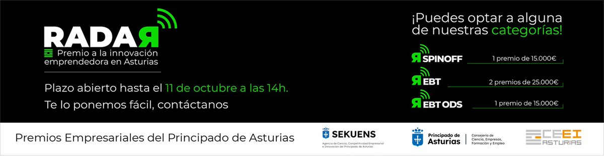 SeridaAst's tweet image. 🆕Si tienes una empresa tecnológica, realizas iniciativas empresariales de innovación o participas en proyectos con objetivos de desarrollo sostenible, ¡Los #PremiosRADAR pueden ser para ti!
 
📌 Información en: bit.ly/3ZAHH89

@SCTAsturias  @ceeiasturias @agenciasekuens