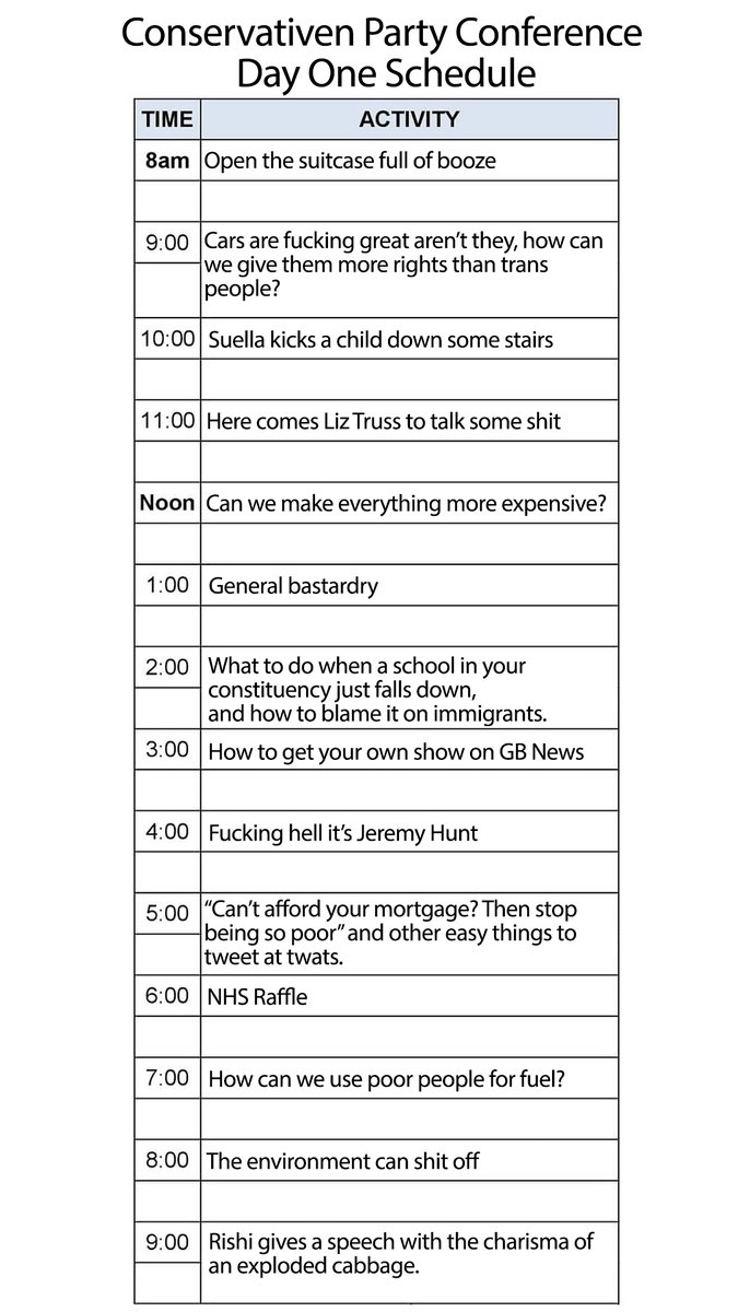 The Tory conference schedule is just as weird as you'd think it would be