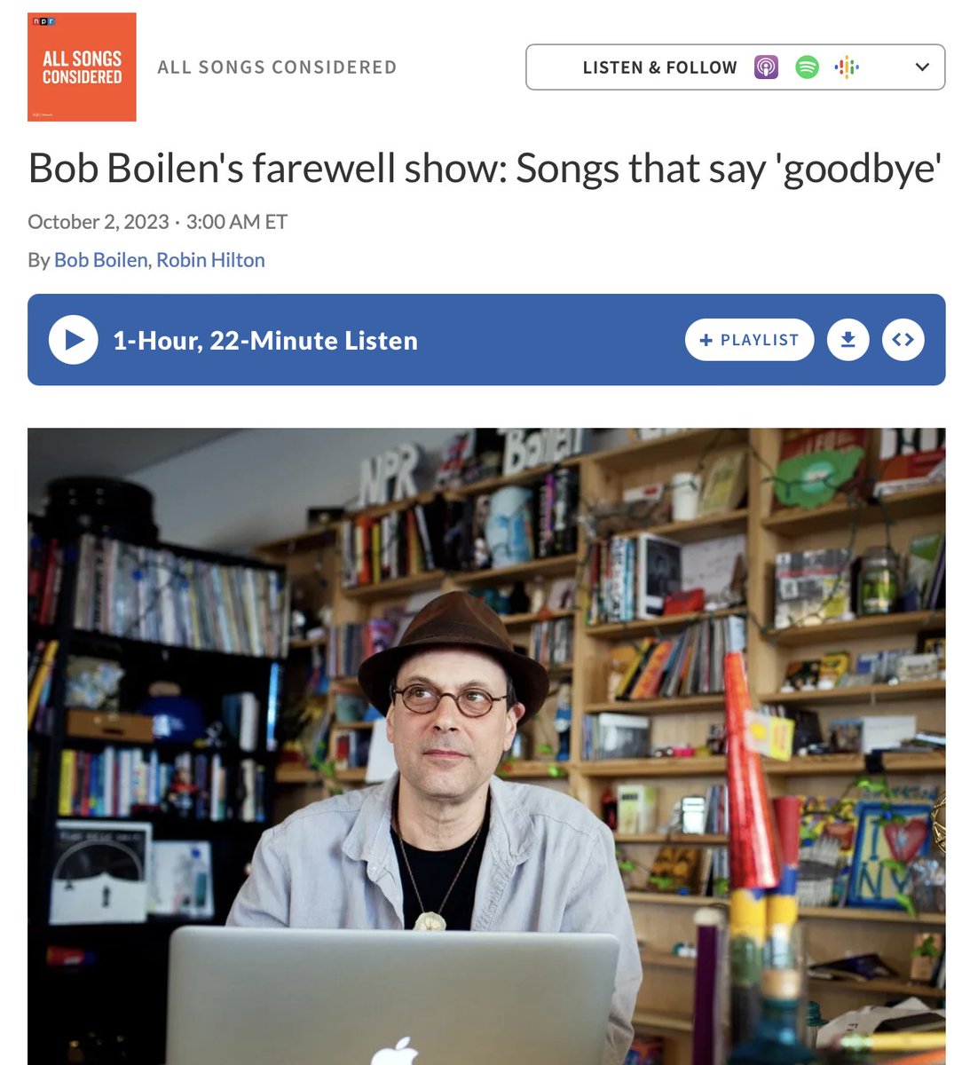 After 23 years of hosting All Songs Considered, I'm retiring. For my final show, Robin Hilton has put together a heartwarming episode, gathering some of my favorite artists including Brian Eno, Lucy Dacus, Jeff Tweedy, Tom Yorke, and more to say goodbye n.pr/46x6jAR