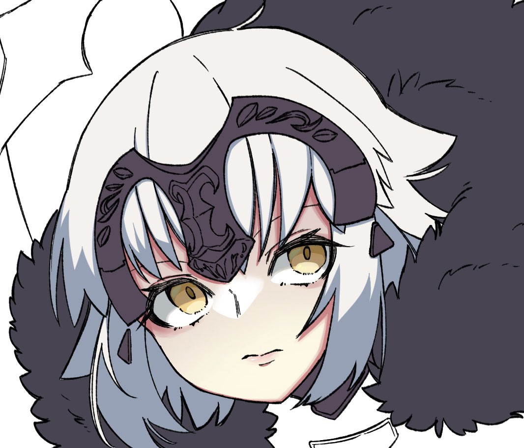 jeanne d'arc alter (avenger) (fate) ,jeanne d'arc alter (fate) 1girl solo yellow eyes headpiece white background fur trim short hair  illustration images