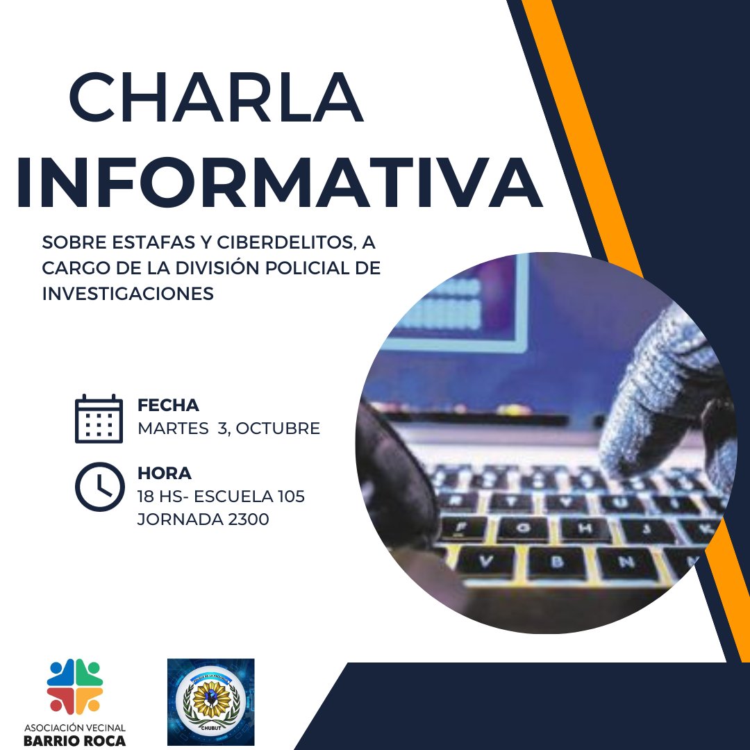 ⚠️IMPORTANTE! Este martes a las 18 hs la DPI realizará una charla sobre estafas y ciberdelitos en la Escuela 105 del barrio Roca. Es una actividad abierta a toda la comunidad, libre y gratuita.