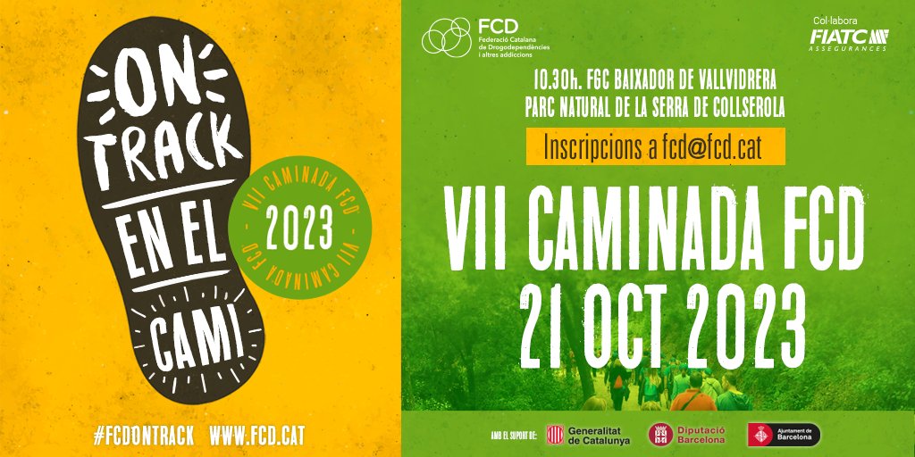 FCDrogodep's tweet photo. 21.10 -VII Caminada per visibilitzar l'esport com a eina preventiva i terapèutica en les addiccions.
Trobada: 10.00h a l’estació Baixador de Vallvidrera FGC, sortida 10.30
Recorregut: aprox. 7,4 km, 233m de desnivell
Inscriu-te: https://t.co/gbjhd20IbV
GRATUÏT AMB GORRA DE REGAL https://t.co/bcUr5rqyik