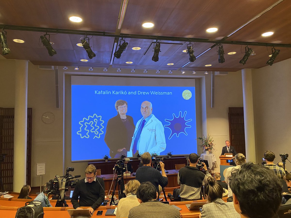 JuleenRZierath's tweet photo. Photos from press conference today for the 2023 Nobel Prize in Physiology or Medicine

Awarded jointly to

Katalin Karikó and Drew Weissman

for their discoveries concerning nucleoside base modifications that enabled the development of effective mRNA vaccines against COVID-19 https://t.co/ZZm3fv6hAC