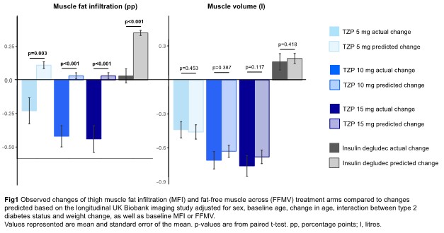 Lots of interest in muscle loss, quality and strength after #weightloss with GLP-1-based therapies. Here Tirzepatide reduces the fat content of muscle, with modest changes in muscle volume #EASD2023 cattendee.abstractsonline.com/meeting/10899/… @EASDnews