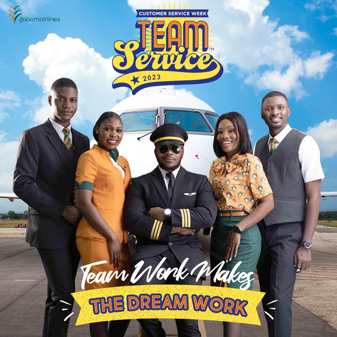 ibomairlines's tweet photo. Happy Customer Service Week. Today, we salute the dedicated individuals at Ibom Air who work tirelessly together to make your journey seamless &amp; every flight a memorable experience. 

Cheers to the heart of our skies - our incredible team! 🧡🤝

#CSW2023 #CustomerServiceWeek https://t.co/mp34OTqa0Y
