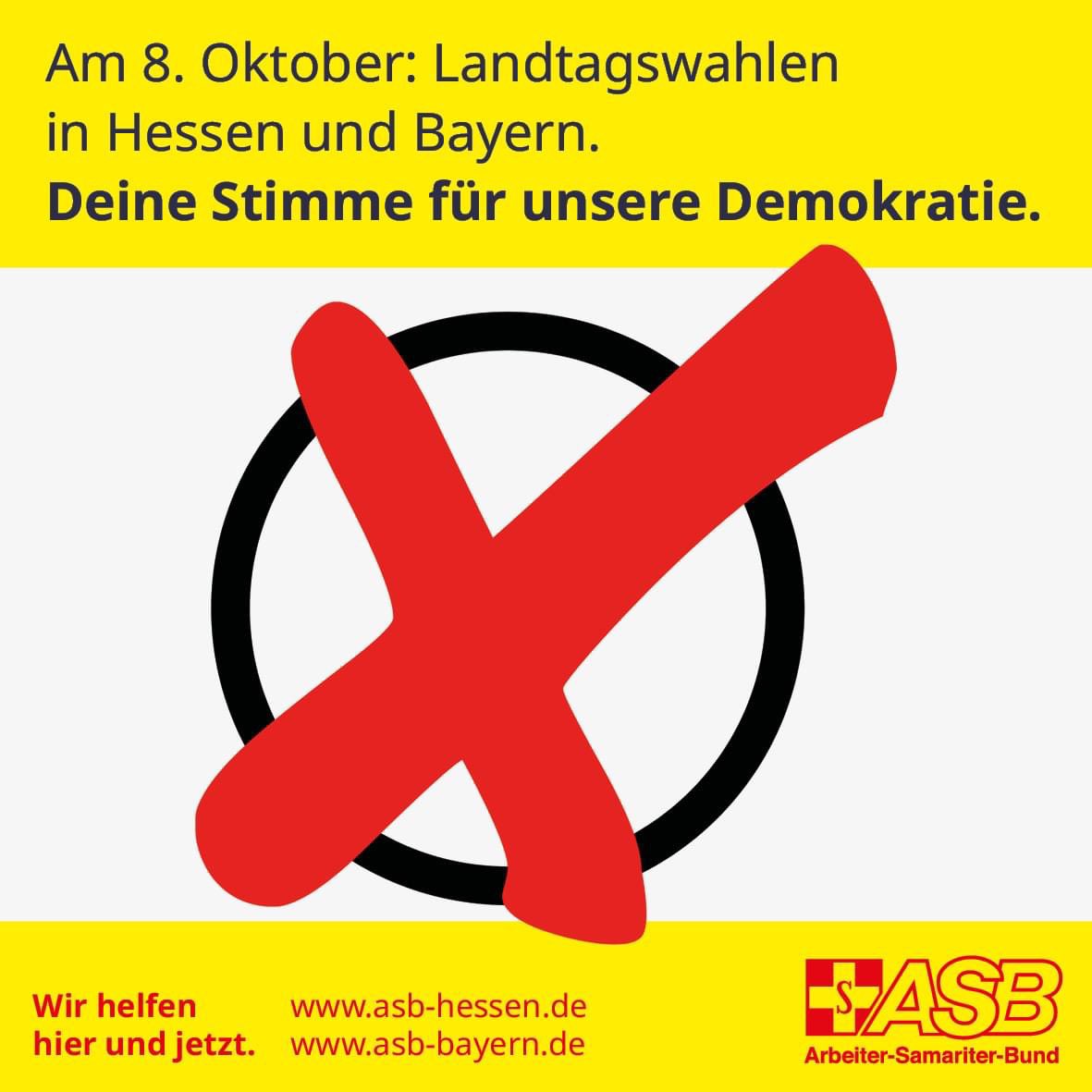 Am Sonntag wird in Hessen und in Bayern gewählt. 🗳️ Grund genug für die beiden ASB-Landesverbände, um sich gemeinsam im Sinne der freiheitlich-demokratischen Grundordnung zu positionieren. 🤝 Dies wird in den nächsten Tagen geschehen. 
#asb #landtagswahl #LTW2023 #LTW #vielfalt