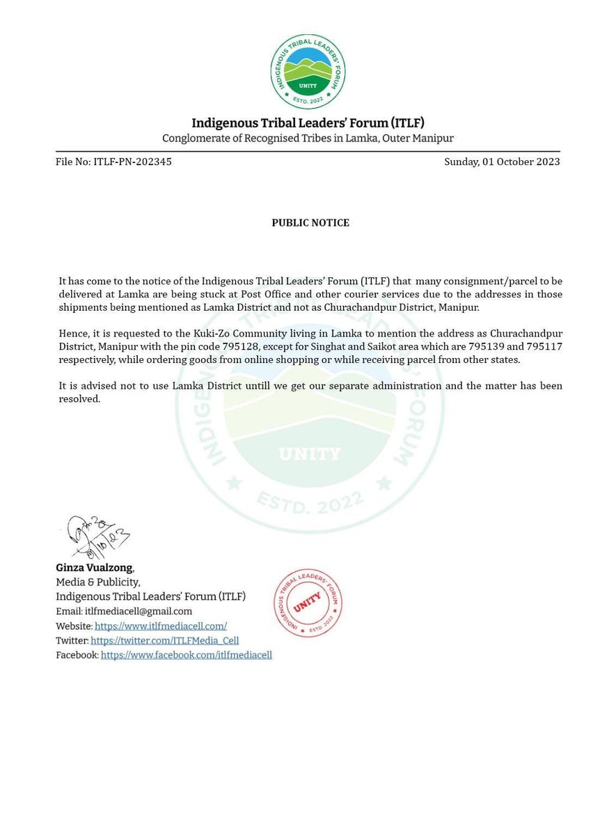 ITLF confusing its own people!

First, they declared its Lamka. They removed CHURACHANDPUR from every signboards &amp; all official letters etc.  All their minions were changing names on Google, Google Maps &amp; what not. 

Now they want all their people to use CHURACHANDPUR as their