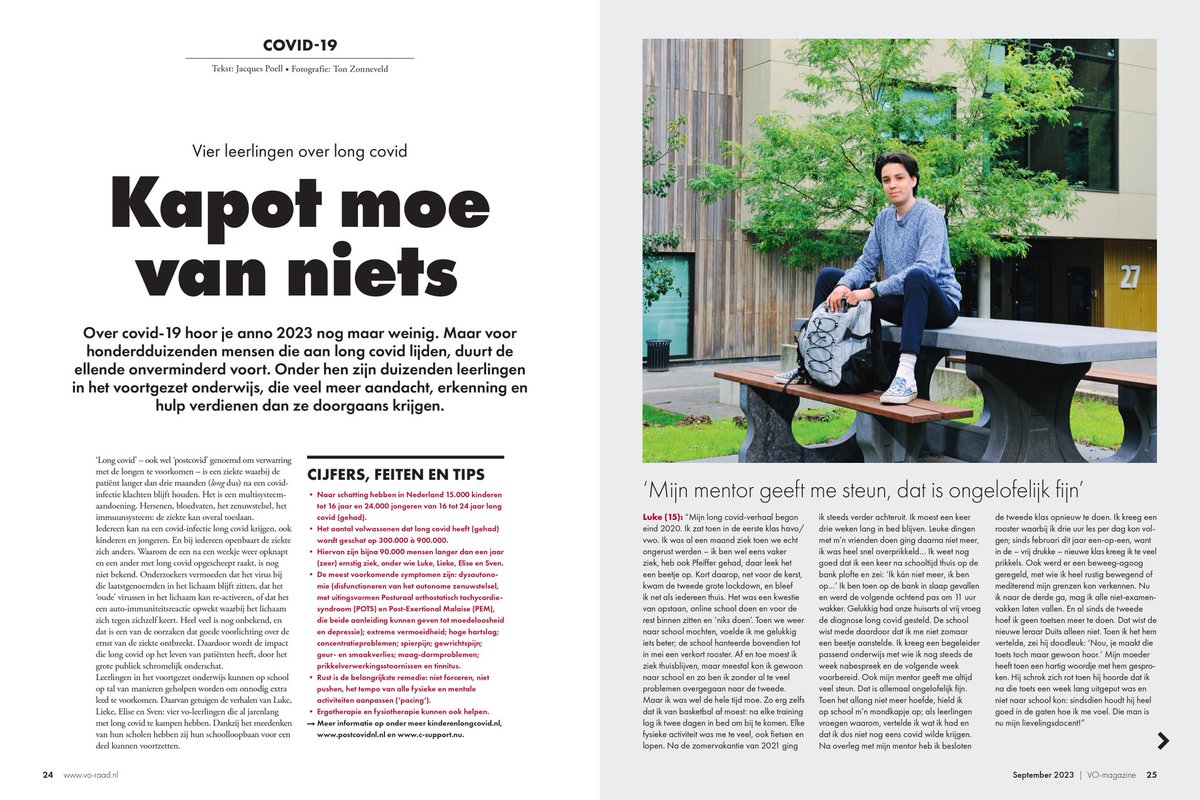 LongCovidNL's tweet image. Kapot moe van niets

In dit artikel in het VO-magazine vertellen 4 leerlingen over hun strijd met #LongCovid.

"Over Covid-19 hoor je anno 2023 nog maar weinig. Maar voor honderdduizenden mensen die aan Long Covid lijden, duurt de ellende onverminderd voort. Onder hen zijn…