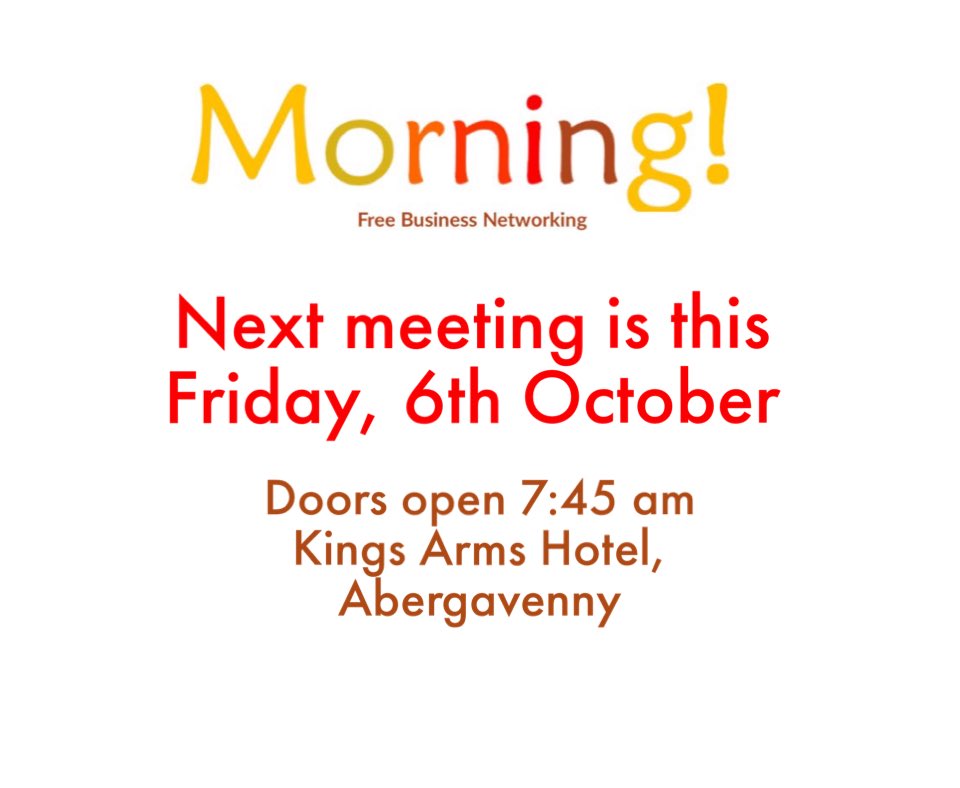 Morning! Abergavenny (@morningaber) on Twitter photo Don’t forget that our next meeting is this Friday. Book now to join a friendly and welcoming group of businesses who get together for free on the first Friday of (most!) months <a href="/KingsArmsAber/">Kings Arms Hotel</a> Booking and details here: bit.ly/3EOziV0 Don’t forget that our next meeting is this Friday. Book now to join a friendly and welcoming group of businesses who get together for free on the first Friday of (most!) months <a href="/KingsArmsAber/">Kings Arms Hotel</a> Booking and details here: bit.ly/3EOziV0