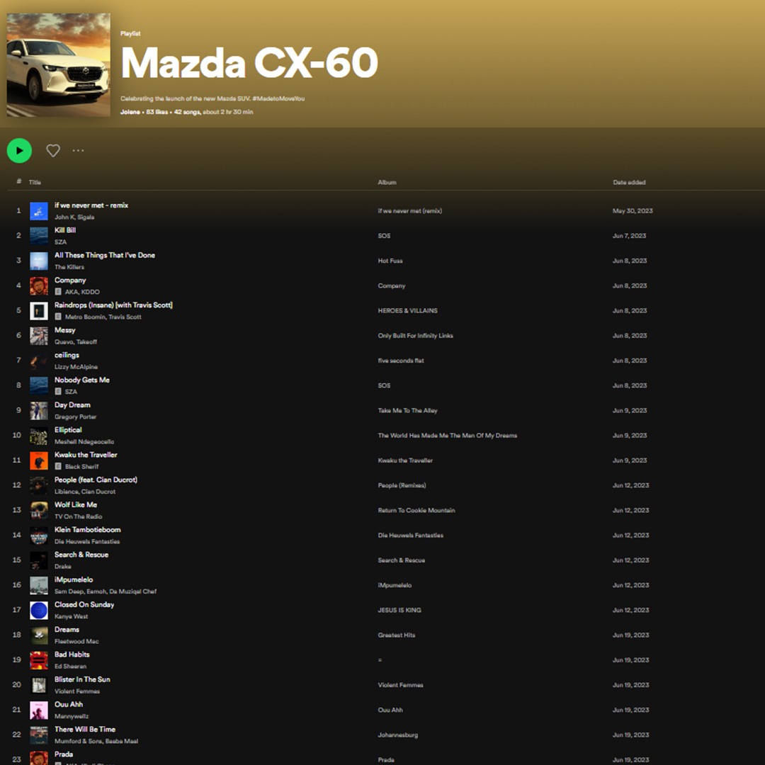 Mazda_SA's tweet photo. The Mazda CX-60 #Spotify playlist was specifically #MadeToMoveYou.
Let us transport you to your happy place: https://t.co/nvsA2EwhdG
#MazdaCX60 #MadeToMoveYou https://t.co/vx0R5hcNpK