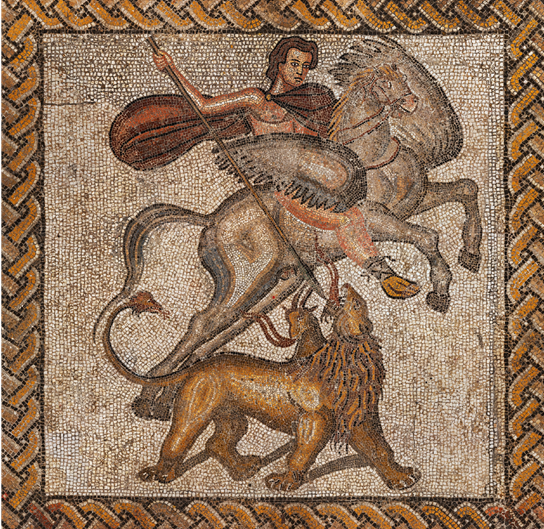 #MosaicMonday - A striking representation of Bellerophon and the Chimaera: ca, 4th Century AD. Discovered at the farmhouse of Can Pau Birol, near Girona, in 1876. #Roman #Art Image: Museu d'Arqueologia de Catalunya - Barcelona (MAC BCN-005163). Link - arqueoxarxa.colleccions.cat/objecte/mac-bc…