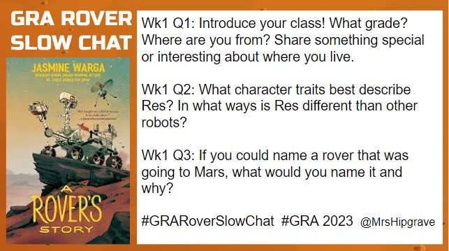 Hey #GRARover community! Interested in a #SlowChat? Each week, my grade 5/6 class will post 3-4 questions about the book. Classes can reply to any/all Qs at their own pace. Questions for week 1 are below! #GRA2023 #GRARoverSlowChat @jasminewarga