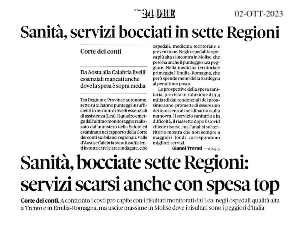 Anche perchè la situazione è questa.
#Sanità servizi bocciati in 7 #Regioni. #CortedeiConti: #servizi scarsi anche con #spesa top. 
#SSN #lea #ItaliadelleRegioni