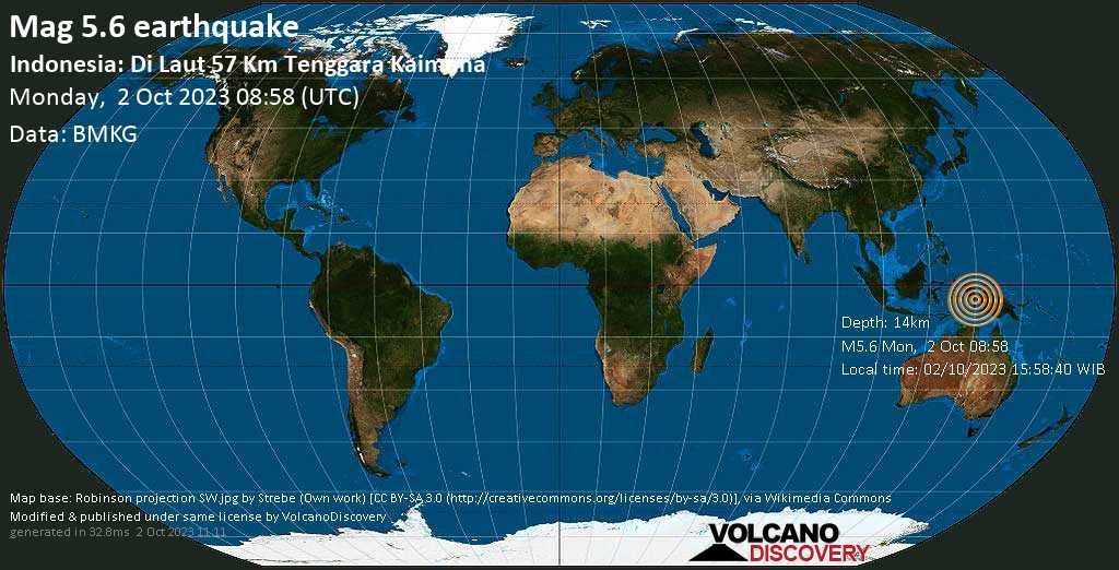 WorldNaturalDN's tweet photo. Strong 5.6 magnitude earthquake near Nabire, Papua, Indonesia, on Monday, Oct 2.

Source:https://t.co/IbiVy8ArCg

Stay safe🙏
#earthquake #Indonesia #StaySafe https://t.co/tpp53vdUkd