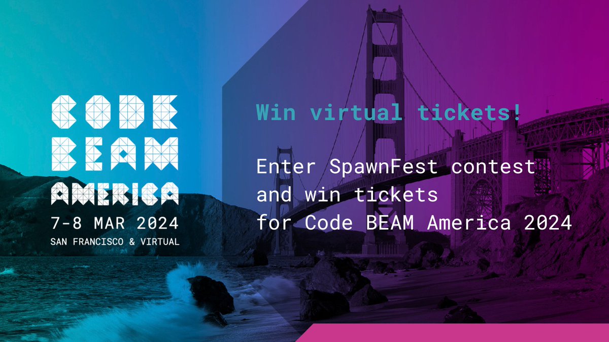 CodeBEAMio's tweet photo. Win tickets for Code BEAM America 2024! 
Have you registered for @spawnfest? It's your chance to win virtual tickets sponsored by @ErlangSolutions 🎟️

Register here 👉 https://t.co/RLJJnOEC16
And just in case you don't win, join our waiting list for Code BEAM America for access to limited Very Early Bird tickets 👉 https://t.co/ldlqXykBIu 

#myelixirstatus #spawnfest #spawnfest2023 #codebeam #codebeamamerica2024 #codebeam2024 #erlang #webeamtogether