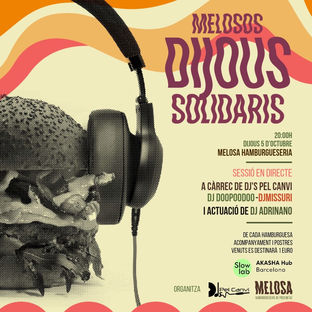 Dijous torna la gresca, la música i les bones hamburgueses. 🍔🎧🥳
Ens tornem a veure a la @melosahamburgueseria per passar una tarda fantàstica. Recordeu que aquest trimestre estem col·laborant amb el superprojecte de les nostres companyes <a href="/slowlab/">Slow Research Lab</a>.bcn i <a href="/akasha/">akasha</a>.barcelona 💜