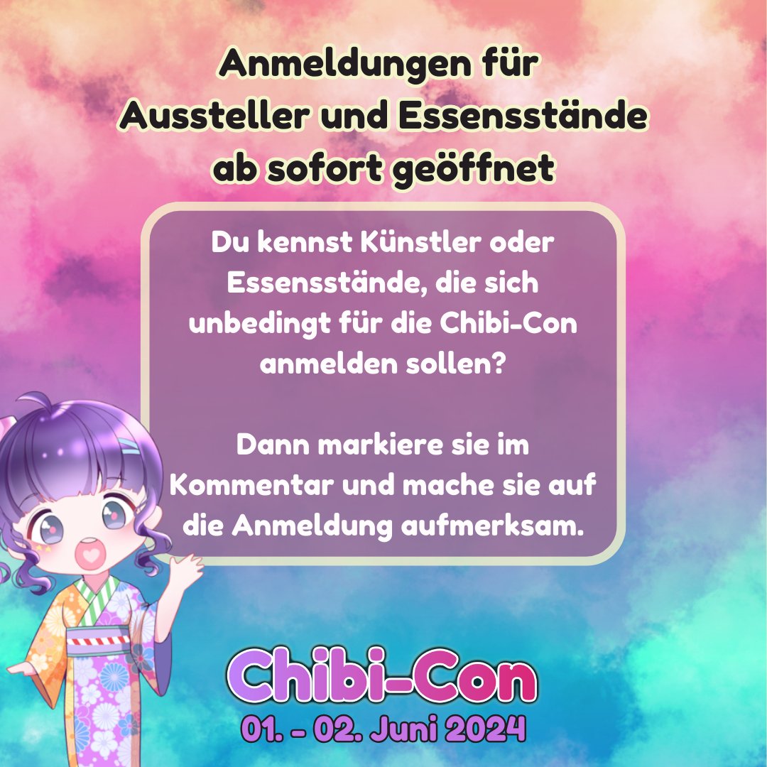 Die Anmeldungen für Essensstände und Aussteller sind ab sofort geöffnet. Hast du ein paar Lieblingsstände, die unbedingt zu uns sollen? Dann schicke ihnen diese Nachricht weiter :)

chibicon.ch

#animeconvention #chibicon #artists #foodtruck #japanesefood #animeartist