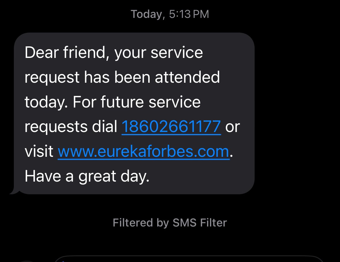 Hey @EurekaForbes .. kudos to your scam. This hasn’t been attended today. Wow. You guys are something else.
