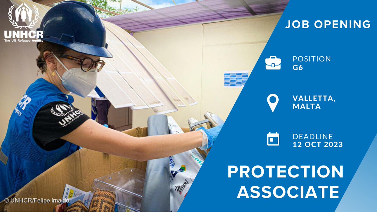 UNHCRCareers's tweet image. 📢Are you passionate about Protection?  Do you want to grow your career with a high-impact humanitarian organization?  
@Refugees is hiring for a Protection Associate (G6) in Valetta, Malta.
➡️Visit bit.ly/3Q0iVer and apply before 12 Oct 2023.
#unjobs
