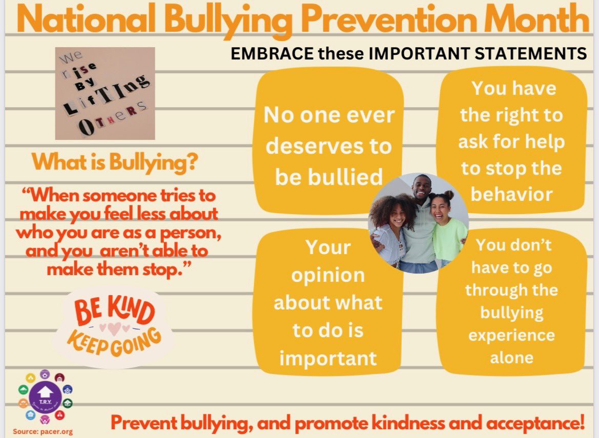 Together4Youth's tweet photo. October is National Bullying Prevention Month! Together let’s prevent bullying and promote kindness and acceptance! #TRY https://t.co/NH4YXKki0Z