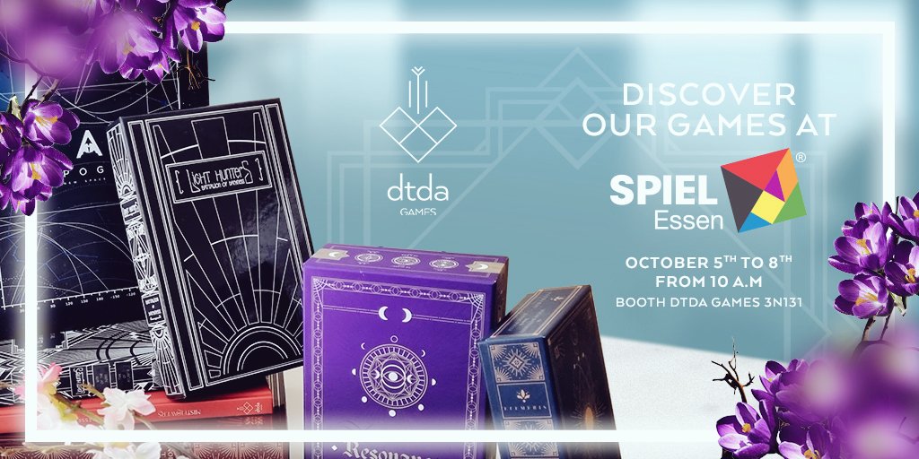 DTDA_Games's tweet photo. This is it! This week, we will embark on our annual trip to Essen, Germany, to make you discover our universe at #SPIEL2023.
Stop by booth 3N131 to discover #LightHunters⚔️, #Efemeris⚓️, #Apogee🚀, #Resonance🌙 and our artbooks #Bloodflowers🌹 & #Mistflowers🌷! https://t.co/3oGoQgyfOE