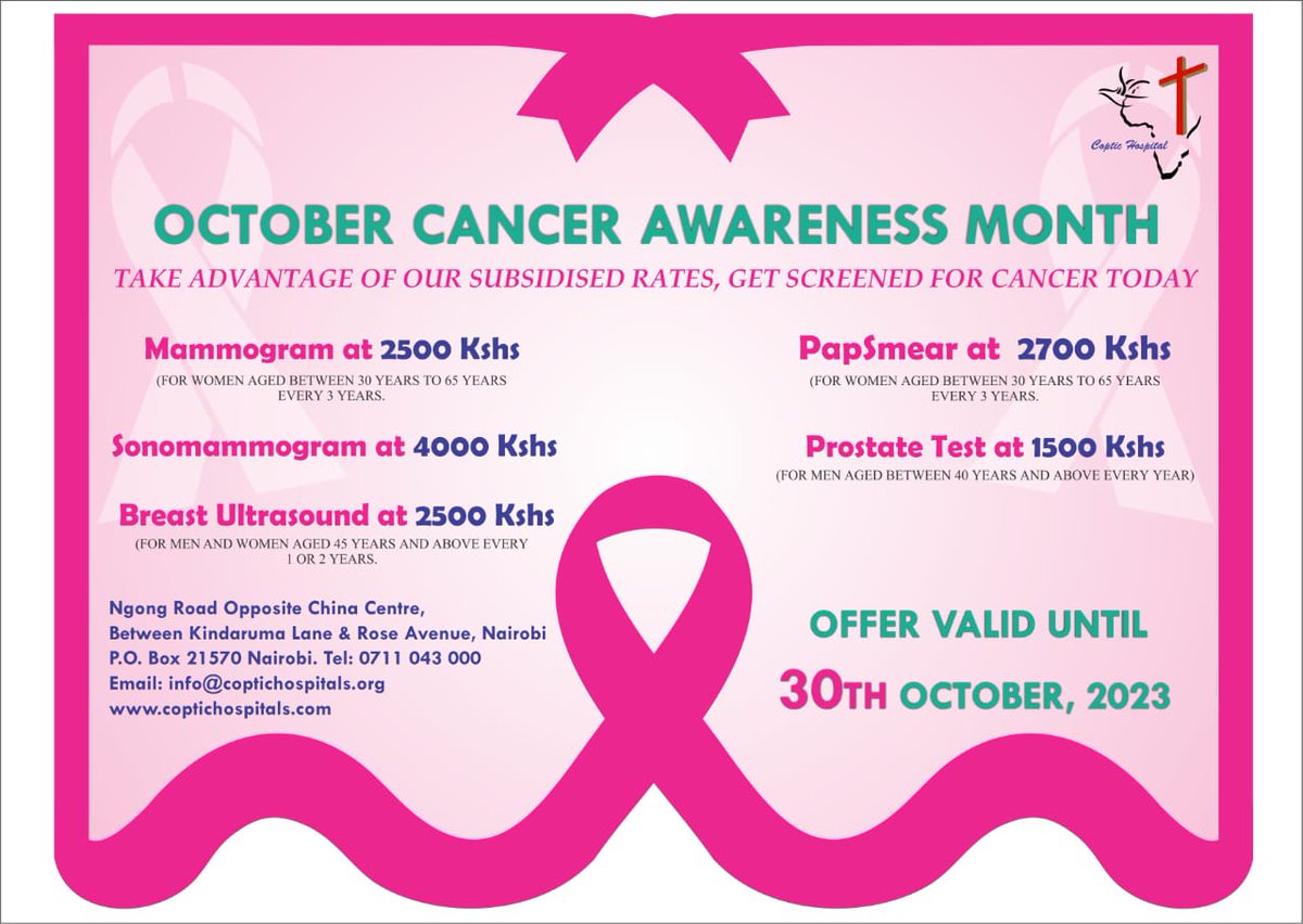 It's October Cancer Awareness Month
Take Advantage of our Subsidized rates
For more info call 0711043000
Ngong Road Opposite China Centre, between Kindaruma Lane &amp; Rose Avenue , Nairobi.