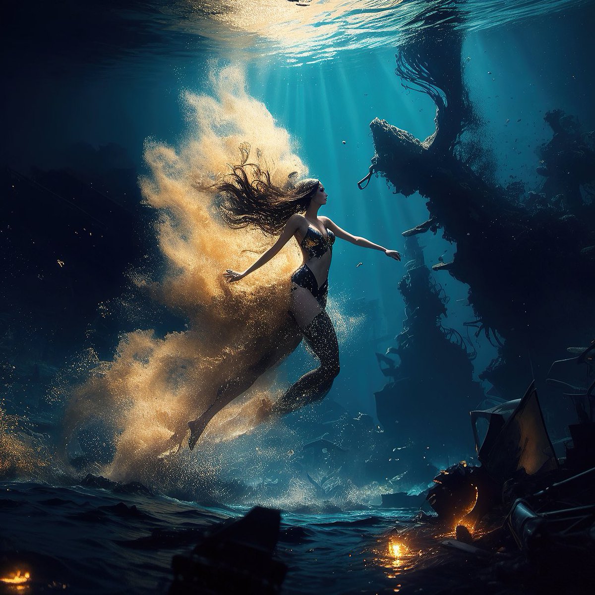 blaze2ouf's tweet photo. Spy underwater #openingtitle #elegant #chic #jamesbondgirl #london #bond #007 #ianfleming #danielcraig #ai #aiart #abstractart #digitalart #digitalpainting https://t.co/JD58U0qapH