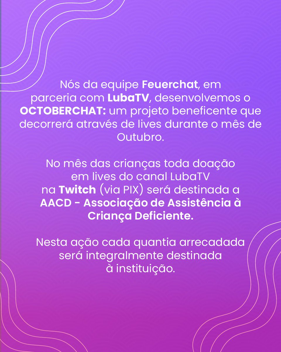 feuerCHAT's tweet photo. Dae, chat! Como cês estão?

Nós do Feuerchat em colaboração com o Luba, tivemos a iniciativa de uma campanha solidária para a instituição AACD - Associação de Assistência à Criança Deficiente, onde TODO valor arrecadado será doado para a instituição escolhida. https://t.co/CRoOlwKuNY