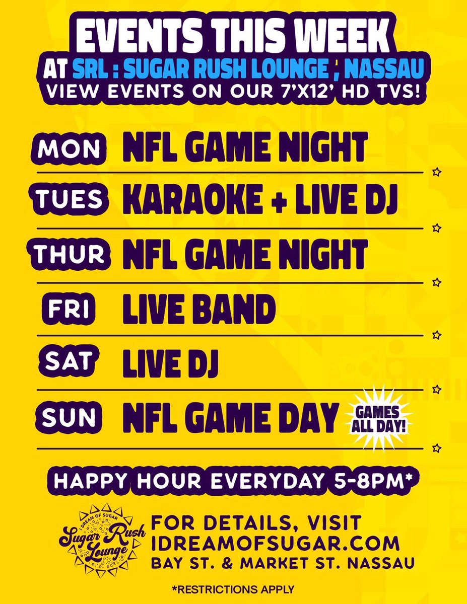 idosbahamas's tweet photo. Our Weekly Lineup is Here! 💥🗓️

Choose your favorite or join us for them all! We can't wait to welcome you to Sugar Rush Lounge this week. Get ready for an amazing time! 🎉 #WeeklyLineup #JoinUsAtSugarRush #WeekOfFunAhead https://t.co/dg6OdDhl7Q