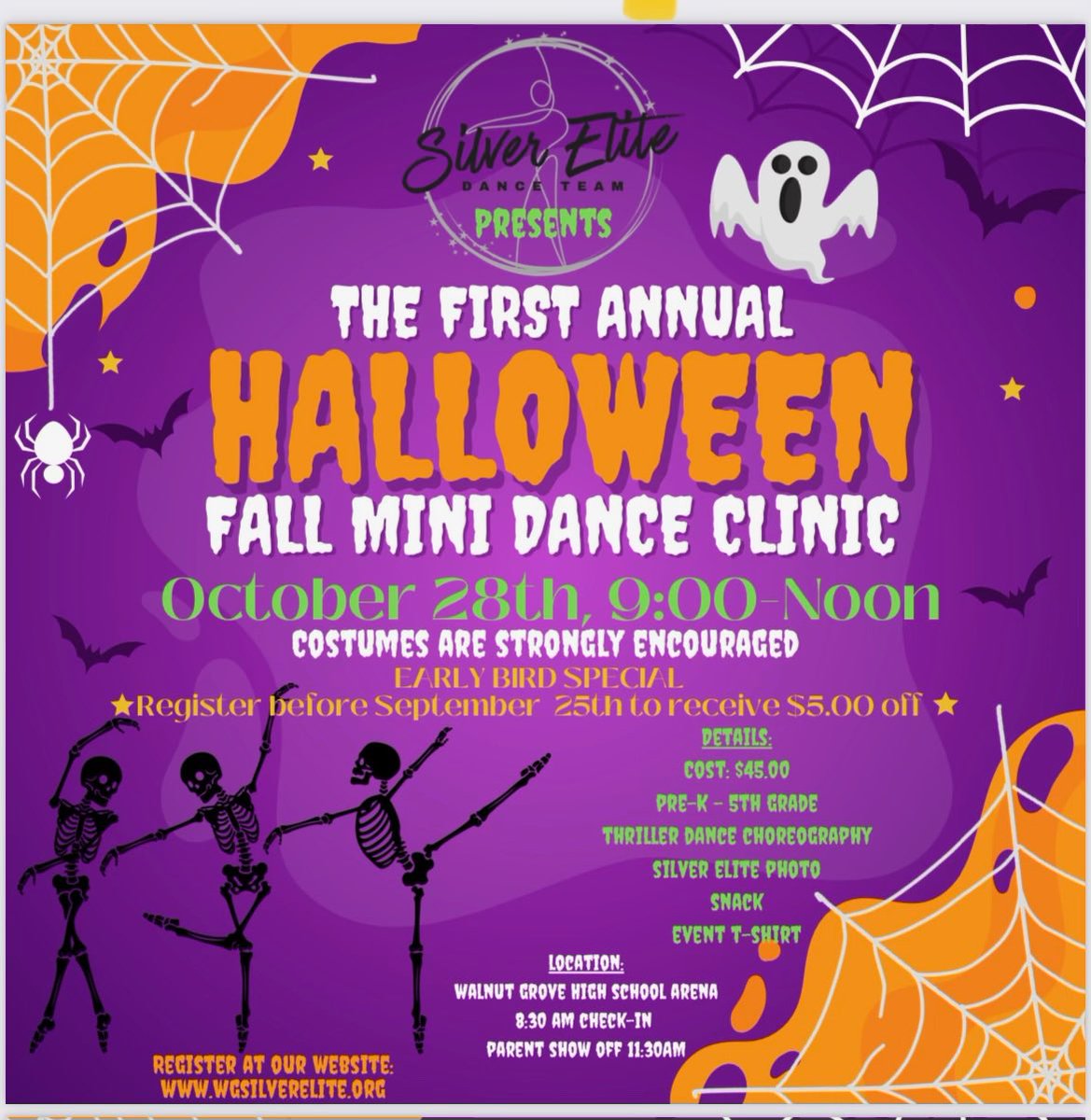 WGSilverElite's tweet photo. Don't forget to get signed up for our HALLOWEEN MINI CLINIC on October 28th from 9am-12pm!  Costumes, pictures with Silver Elite, learn 2 dances and snacks!  Showoffs for parents at 11:45am in the arena!  https://t.co/OuCfNdll8X to sign up!  @Prosper_FA @WalnutGroveHS https://t.co/62rGWhvamA