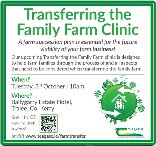Reminder of tomorrows event for Transferring the Family Farm clinic which is designed to help farm families through the process of transferring the family farm. On Tuesday, 3 October 10am, Ballygarry Estate Hotel and Spa, Tralee register: teagasc.ie/farmtransfe