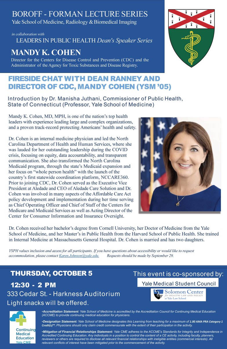 📢 Join us on Thursday, Oct. 5 for a fireside chat with YSPH Dean @meganranney and @CDCDirector Mandy Cohen, as a part of the Boroff-Forman Lecture Series, in collaboration with @YaleSPH Dean's speaker series! Introduction by @DrJuthani, commissioner of @CTDPH More details:…