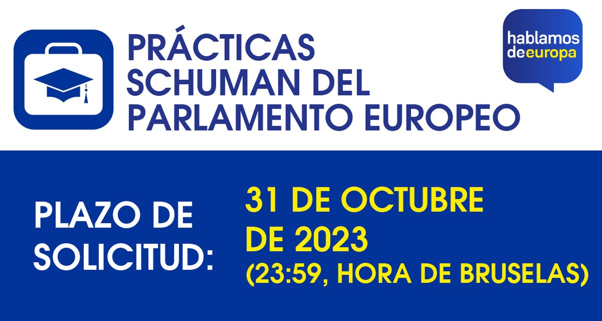 ‼️ Abierto el plazo para solicitar las Prácticas Schuman del Parlamento Europeo 🇪🇺. #SchumanTraineeship

Una oportunidad excepcional de disfrutar de una primera experiencia profesional y formativa en una de las principales instituciones de la #UE.

🔗 hablamosdeeuropa.es/es/Paginas/Not…
