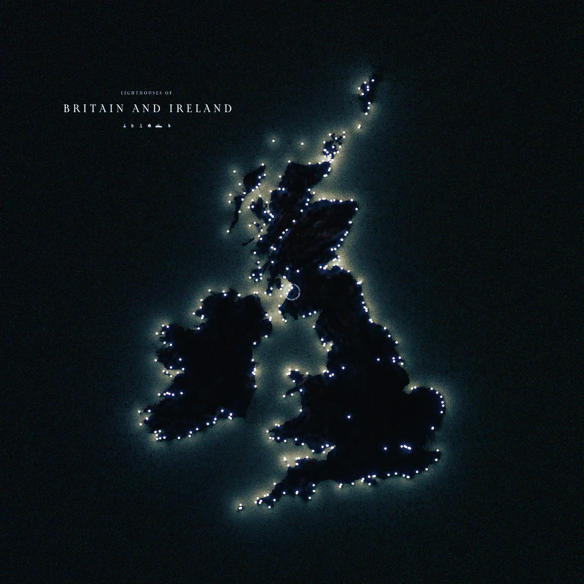 A lighthouse map of Britain and Ireland with lighthouses depicted as illuminated globes 