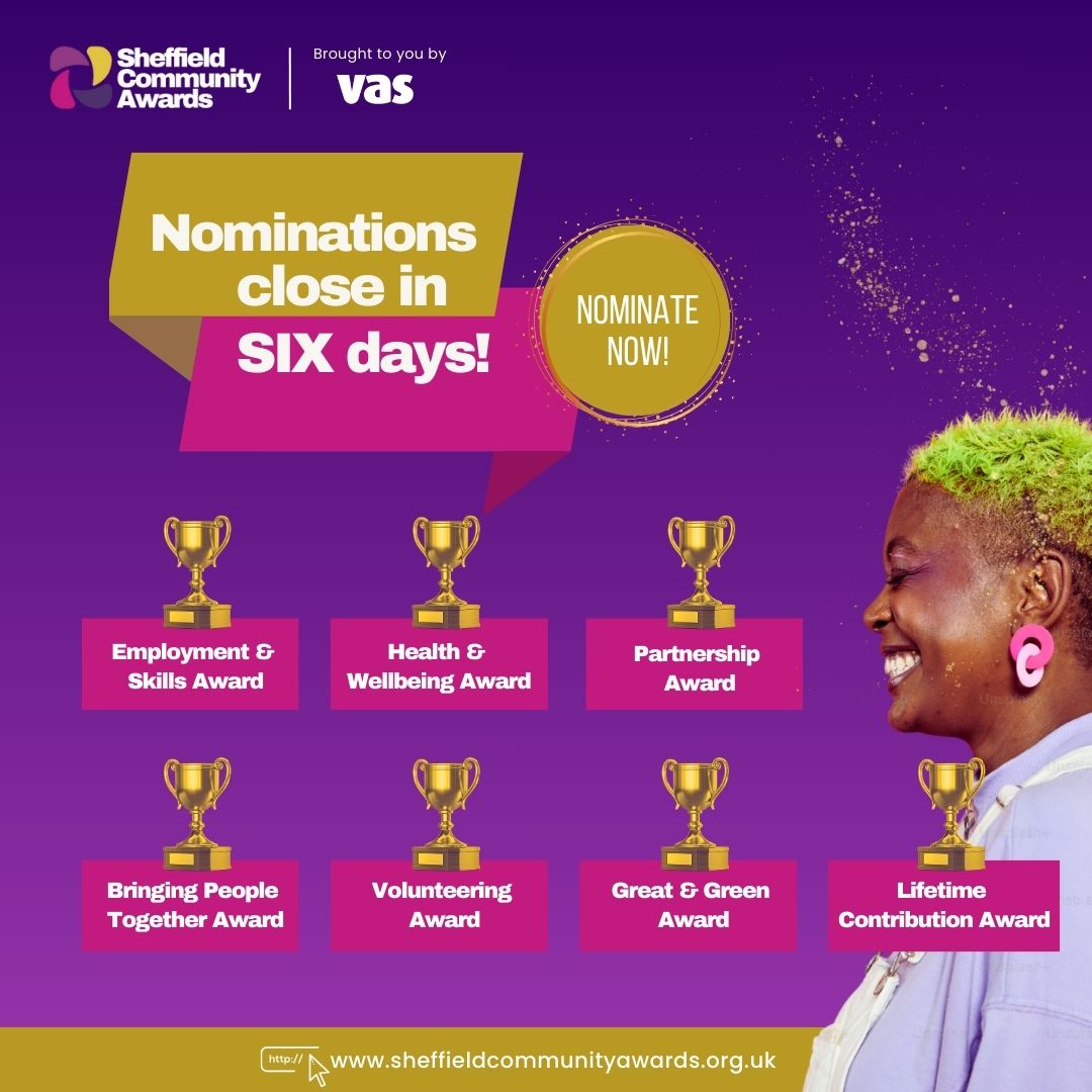 📢 Calling all volunteers + voluntary groups in Sheffield!
Time is running out to nominate unsung heroes for the inspirational Sheffield Community Awards. 
Visit sheffieldcommunityawards.org.uk by this Sunday October 8 to enter.  
#sheffieldissuper #sheffield