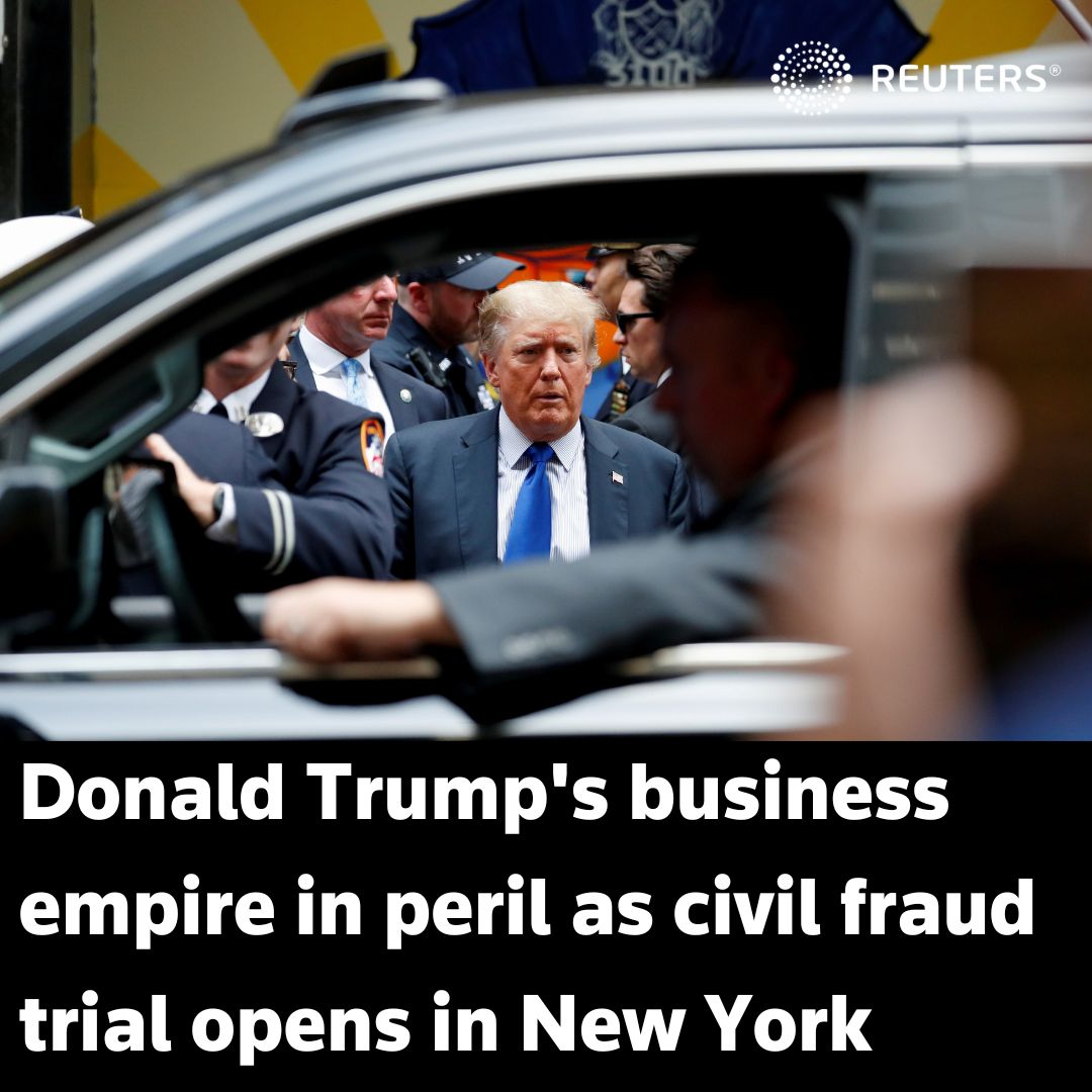 Donald Trump and his family business are set to stand trial in New York in a civil fraud case that could deal a major blow to the former US president’s real estate empire reut.rs/3ZFMaGn 1/5